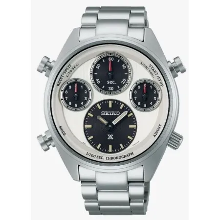 Seiko silver chronograph watch with black dial.